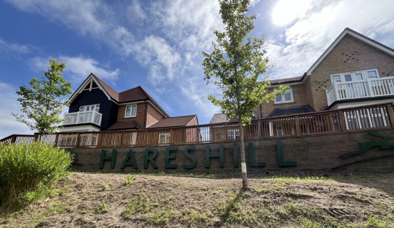 Two story brick houses behind a wooden railing under a bright blue sky with green trees large green sign reads HARESHILL along a sloped yard materialled wall